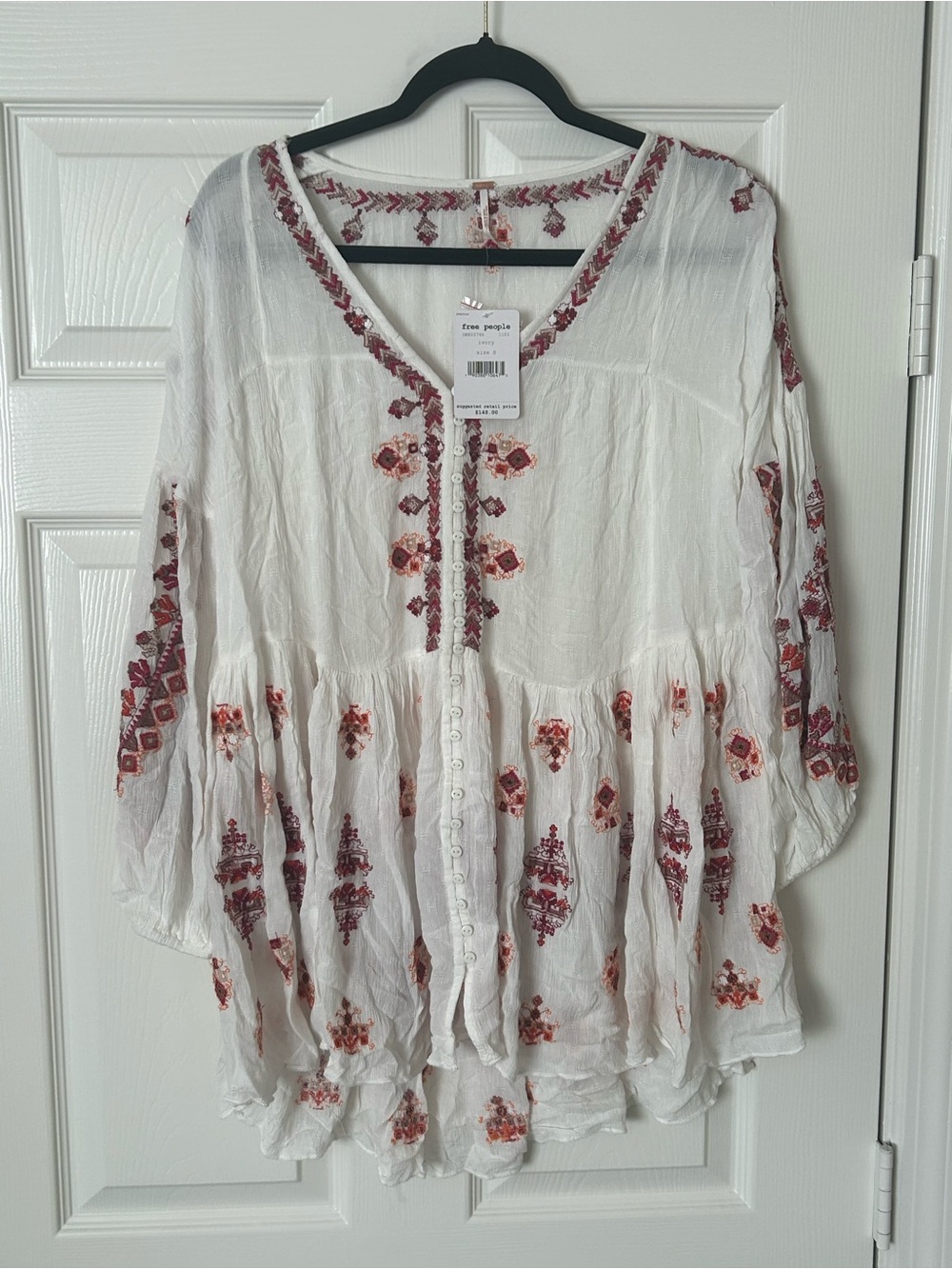 $148 NWT Free People Arianna Tunic Top Small Ivory Embroidered Boho Blouse Dress